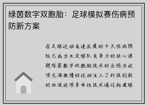 绿茵数字双胞胎：足球模拟赛伤病预防新方案