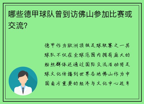 哪些德甲球队曾到访佛山参加比赛或交流？